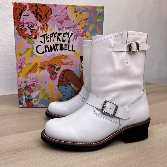 NIB Jeffrey Campbell Standoff White Leather Moto Boots(8.5) 90s Grunge Aesthetic - Picture 1 of 14